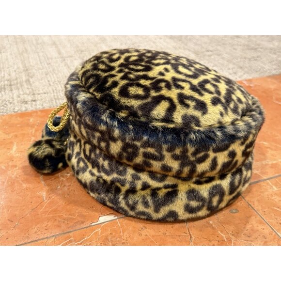 DONNA VINCI COUTURE 100% WOOL FELT FUR USA BROWN TAN LEOPARD PRINT HAT POMS EUC main image 7
